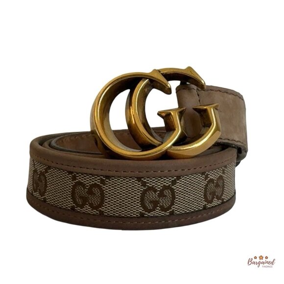 Authentic GUCCI Brown Monogram Canvas Gold double G Buckle Belt 85/34 - Picture 1 of 13